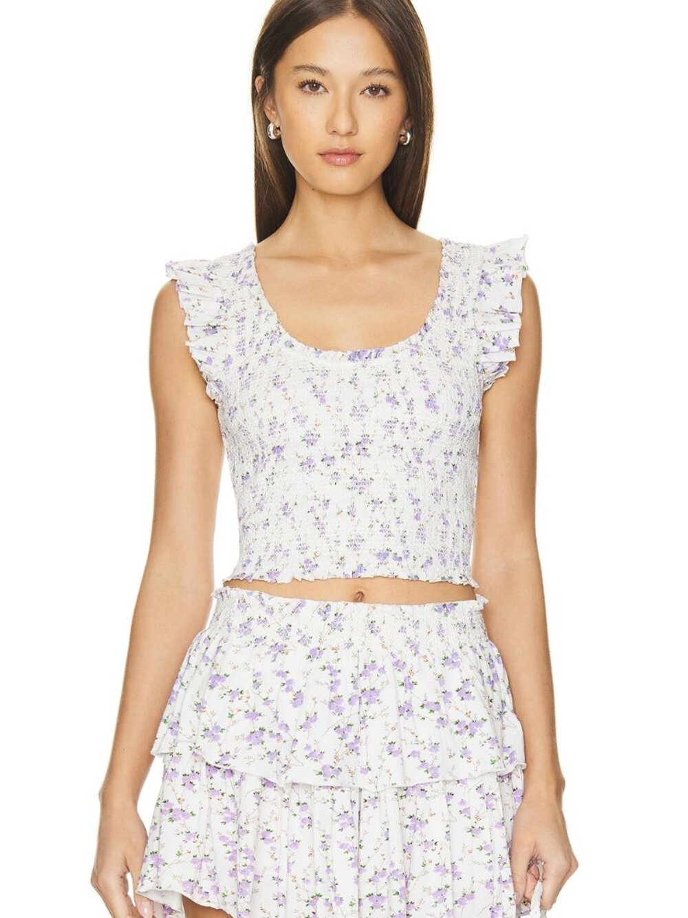 LoveShackFancy Dovi Top XS Dusty Lavender Floral Smocked Crop Tank Ruffle